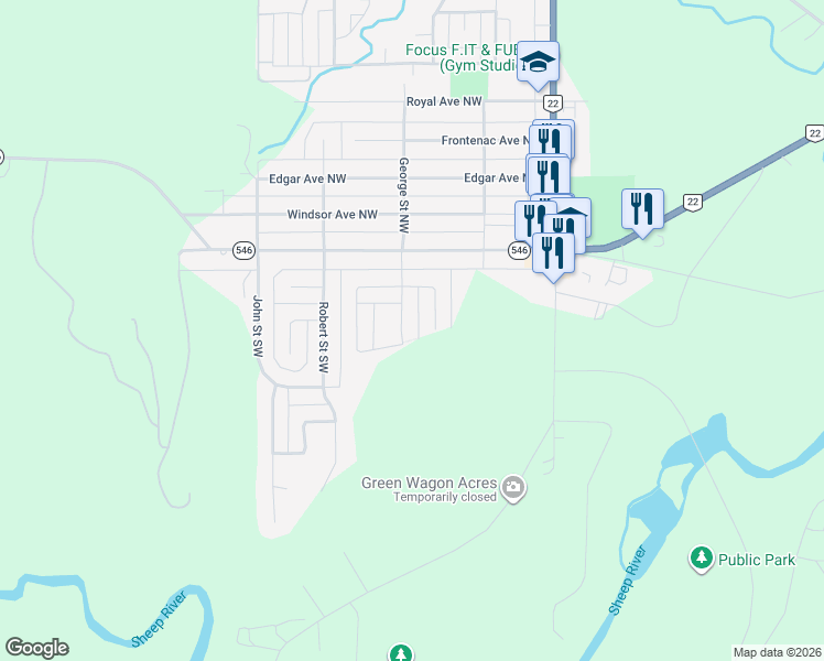 map of restaurants, bars, coffee shops, grocery stores, and more near 347 McLeod Crescent in Turner Valley
