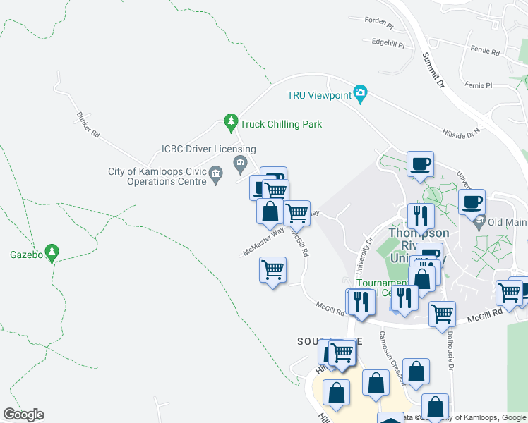 map of restaurants, bars, coffee shops, grocery stores, and more near 1339 McGill Road in Kamloops