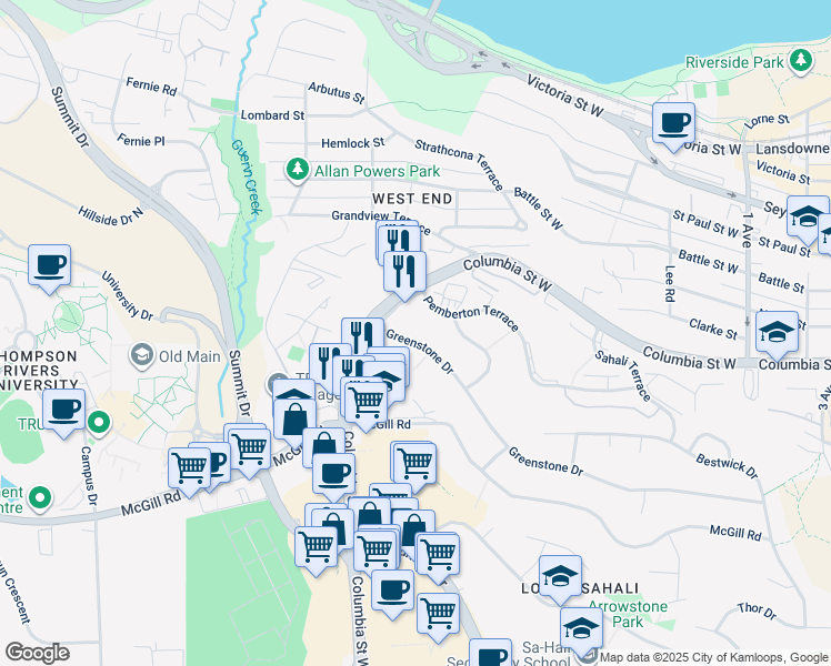 map of restaurants, bars, coffee shops, grocery stores, and more near 482 Greenstone Drive in Kamloops