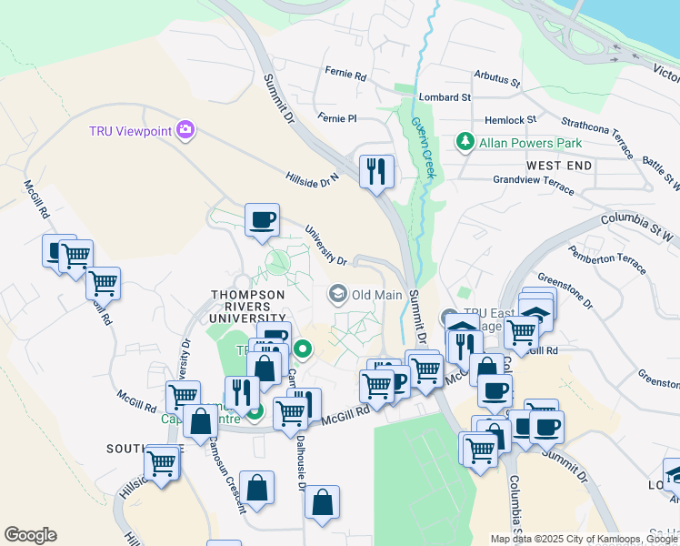 map of restaurants, bars, coffee shops, grocery stores, and more near 885 University Drive in Kamloops