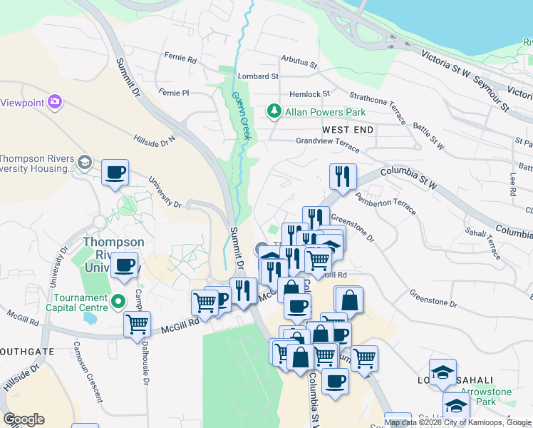 map of restaurants, bars, coffee shops, grocery stores, and more near 670 McBeth Place in Kamloops