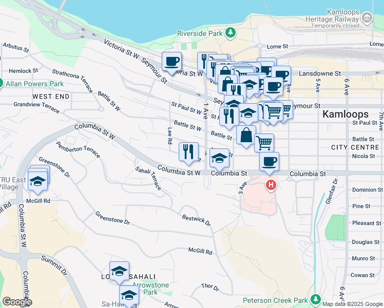 map of restaurants, bars, coffee shops, grocery stores, and more near 38 Clarke Street in Kamloops