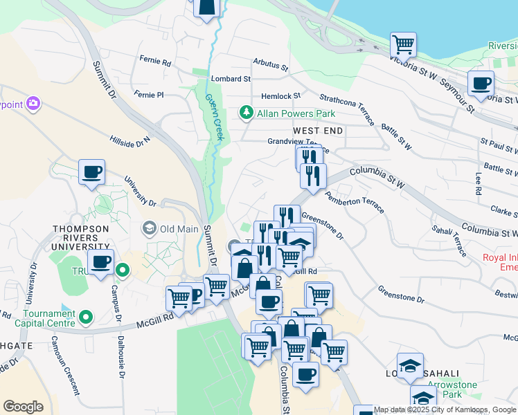 map of restaurants, bars, coffee shops, grocery stores, and more near 665 McBeth Place in Kamloops