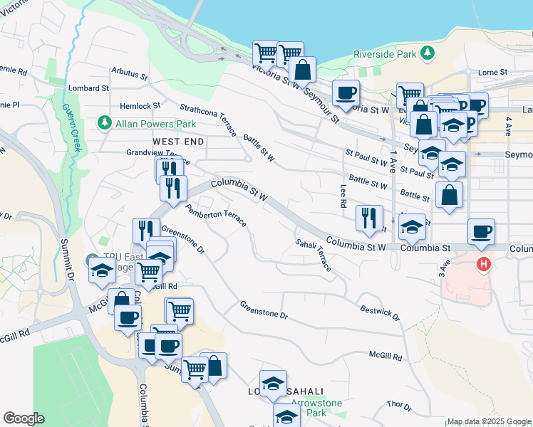 map of restaurants, bars, coffee shops, grocery stores, and more near 275 Columbia Street West in Kamloops