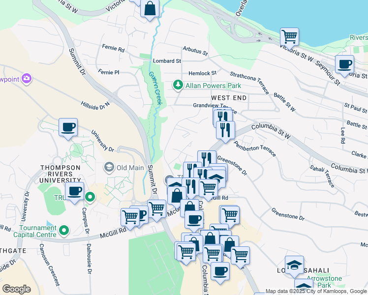 map of restaurants, bars, coffee shops, grocery stores, and more near 643 McBeth Place in Kamloops