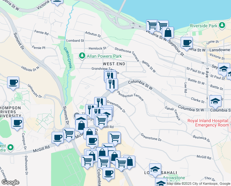 map of restaurants, bars, coffee shops, grocery stores, and more near 555 Columbia Street West in Kamloops