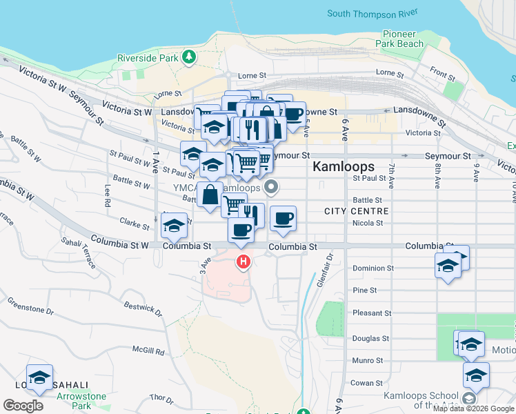 map of restaurants, bars, coffee shops, grocery stores, and more near 373 Battle Street in Kamloops