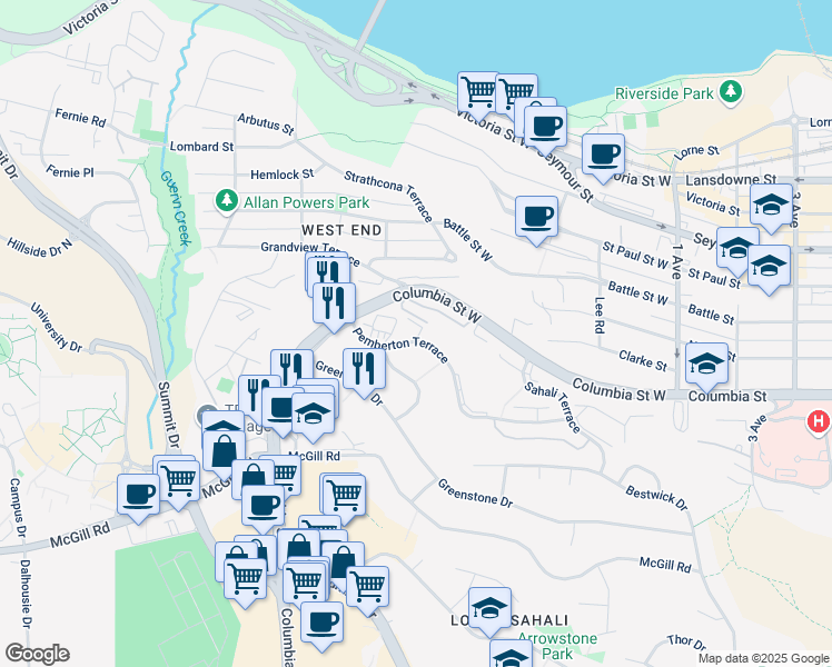 map of restaurants, bars, coffee shops, grocery stores, and more near 426 Pemberton Terrace in Kamloops