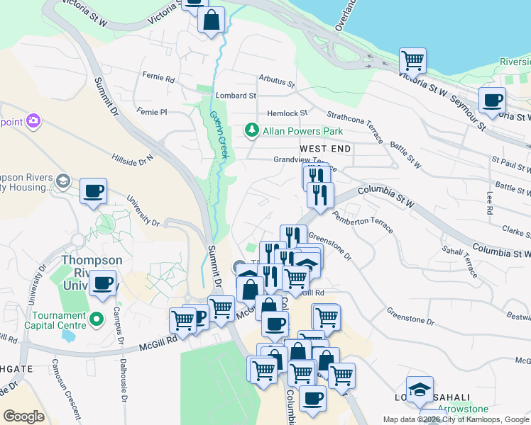map of restaurants, bars, coffee shops, grocery stores, and more near 643 McBeth Place in Kamloops