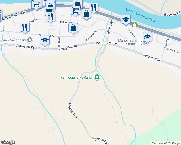 map of restaurants, bars, coffee shops, grocery stores, and more near Highland Road in Kamloops