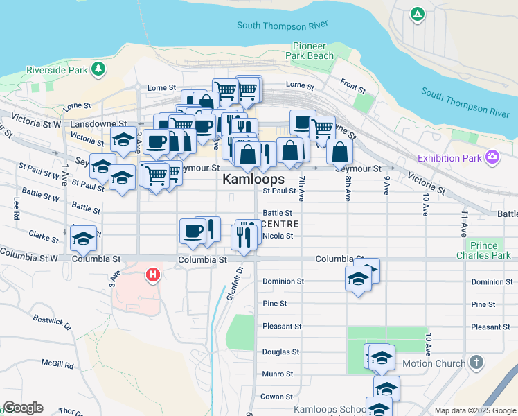 map of restaurants, bars, coffee shops, grocery stores, and more near 604 Battle Street in Kamloops