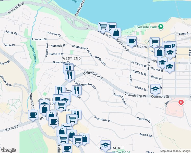 map of restaurants, bars, coffee shops, grocery stores, and more near 426 Pemberton Terrace in Kamloops