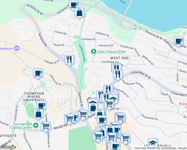 map of restaurants, bars, coffee shops, grocery stores, and more near 405-595 Dalgleish Drive in Kamloops