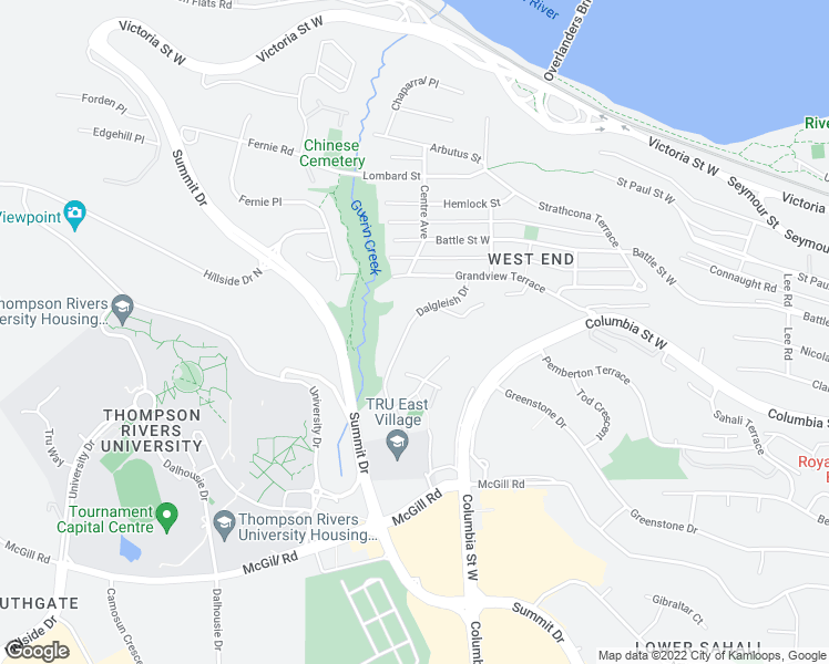 map of restaurants, bars, coffee shops, grocery stores, and more near 555 Dalgleish Drive in Kamloops