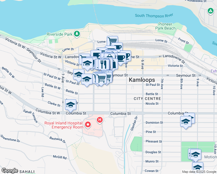 map of restaurants, bars, coffee shops, grocery stores, and more near 430 4 Avenue in Kamloops