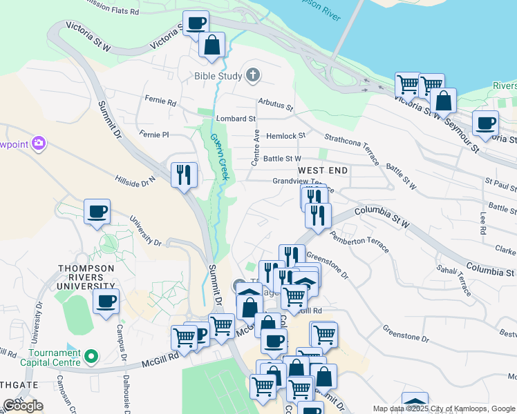 map of restaurants, bars, coffee shops, grocery stores, and more near 460 Dalgleish Drive in Kamloops
