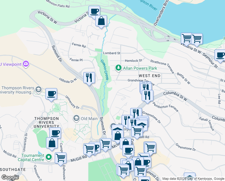 map of restaurants, bars, coffee shops, grocery stores, and more near 580 Dalgleish Drive in Kamloops
