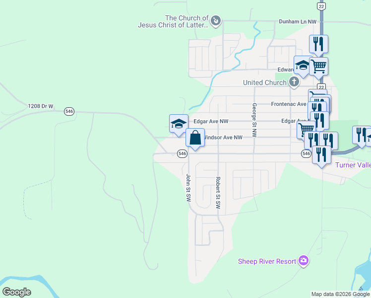 map of restaurants, bars, coffee shops, grocery stores, and more near 505 Windsor Avenue Northwest in Turner Valley