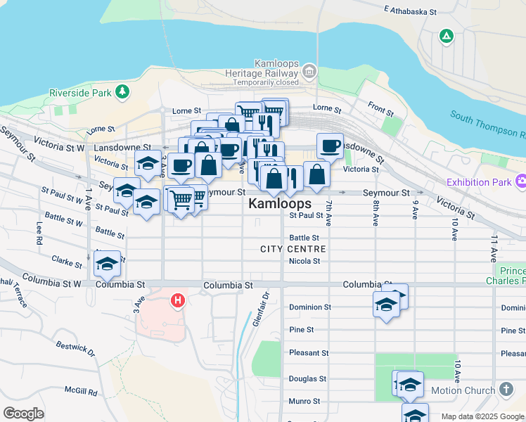 map of restaurants, bars, coffee shops, grocery stores, and more near 529 Seymour Street in Kamloops
