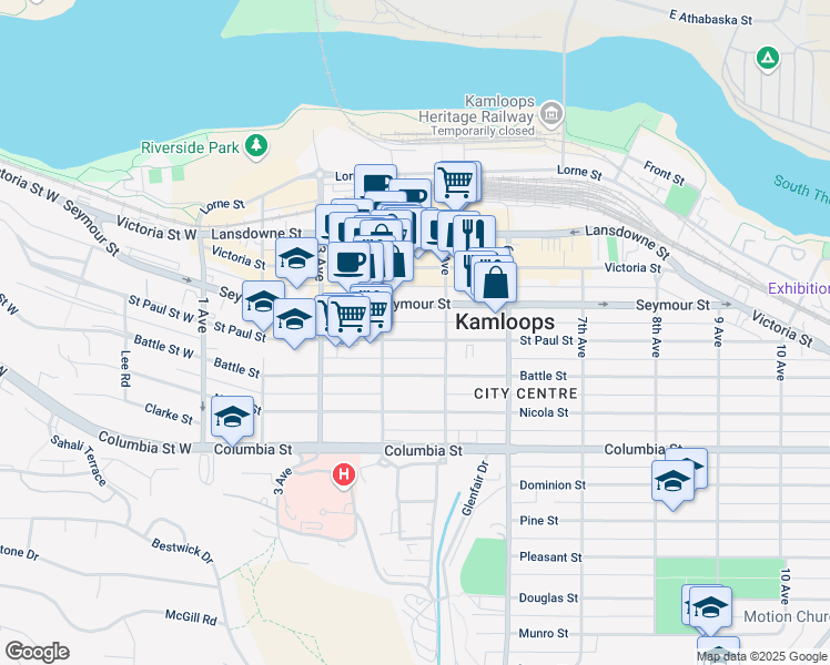 map of restaurants, bars, coffee shops, grocery stores, and more near 478 Saint Paul Street in Kamloops