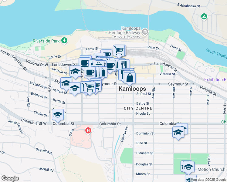 map of restaurants, bars, coffee shops, grocery stores, and more near 478 Saint Paul Street in Kamloops
