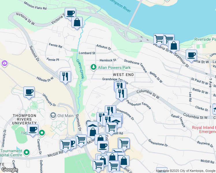 map of restaurants, bars, coffee shops, grocery stores, and more near 445 Dalgleish Drive in Kamloops