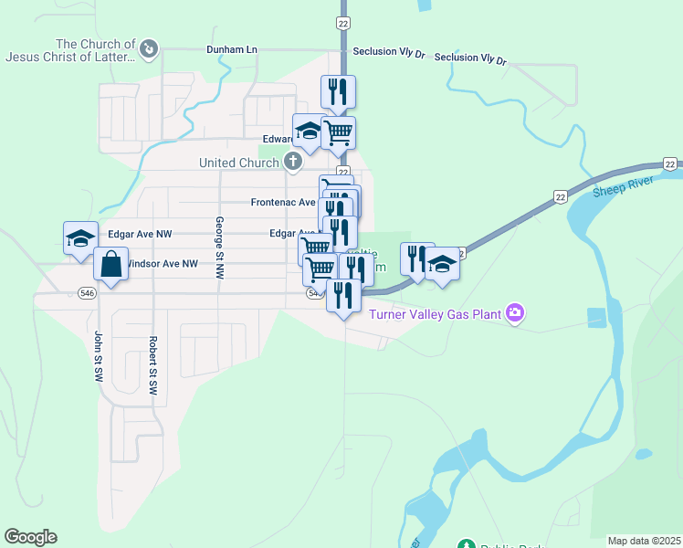 map of restaurants, bars, coffee shops, grocery stores, and more near 118 Main Street Northwest in Turner Valley