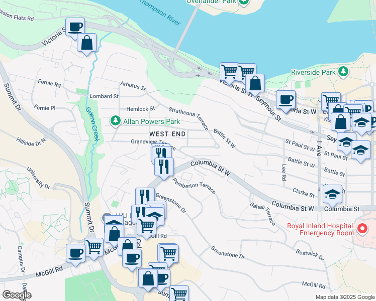 map of restaurants, bars, coffee shops, grocery stores, and more near 453 Dufferin Terrace in Kamloops