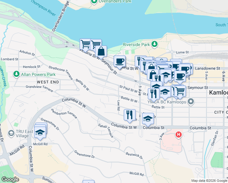 map of restaurants, bars, coffee shops, grocery stores, and more near 125 Connaught Road in Kamloops