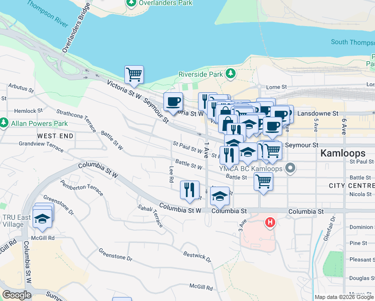 map of restaurants, bars, coffee shops, grocery stores, and more near 49 Saint Paul Street West in Kamloops