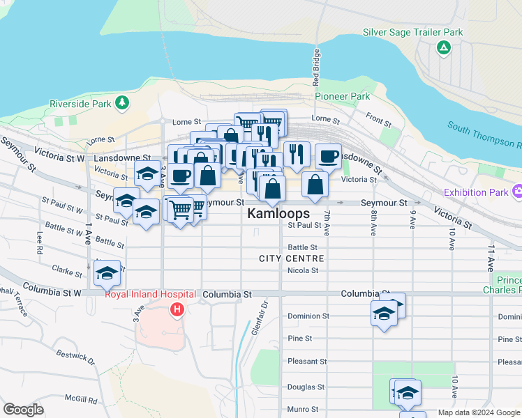 map of restaurants, bars, coffee shops, grocery stores, and more near 529 Seymour Street in Kamloops