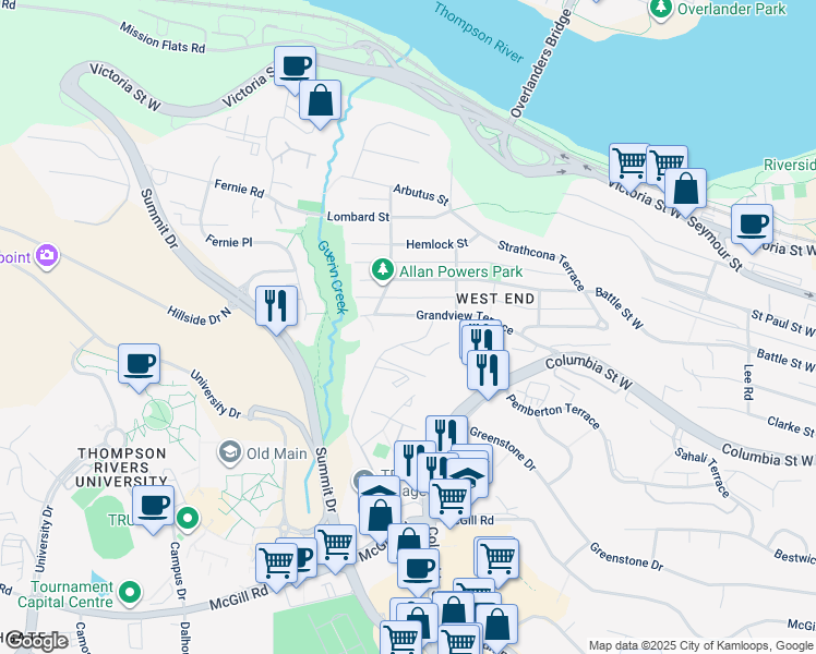 map of restaurants, bars, coffee shops, grocery stores, and more near 460 Dalgleish Drive in Kamloops
