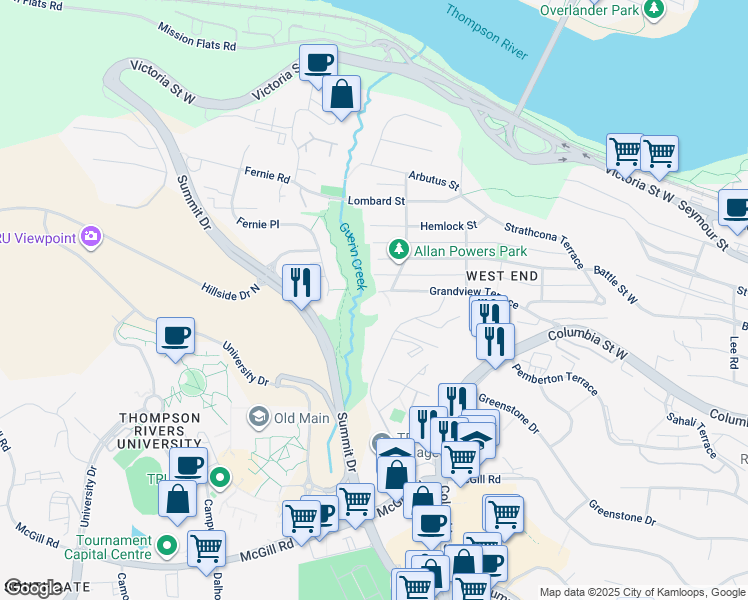 map of restaurants, bars, coffee shops, grocery stores, and more near 751 Grandview Terrace in Kamloops