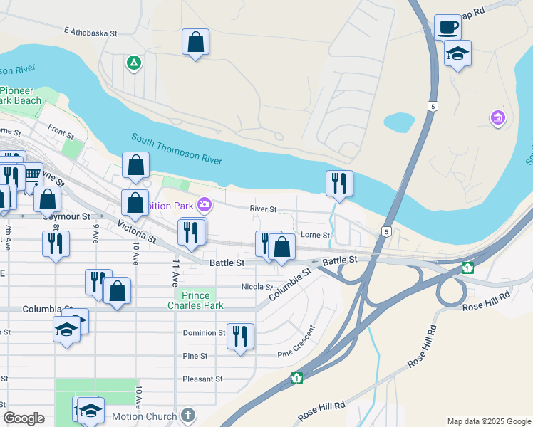 map of restaurants, bars, coffee shops, grocery stores, and more near 1315 River Street in Kamloops