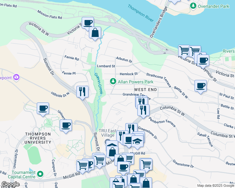 map of restaurants, bars, coffee shops, grocery stores, and more near 690 Grandview Terrace in Kamloops