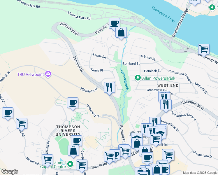 map of restaurants, bars, coffee shops, grocery stores, and more near 825 Fernie Court in Kamloops