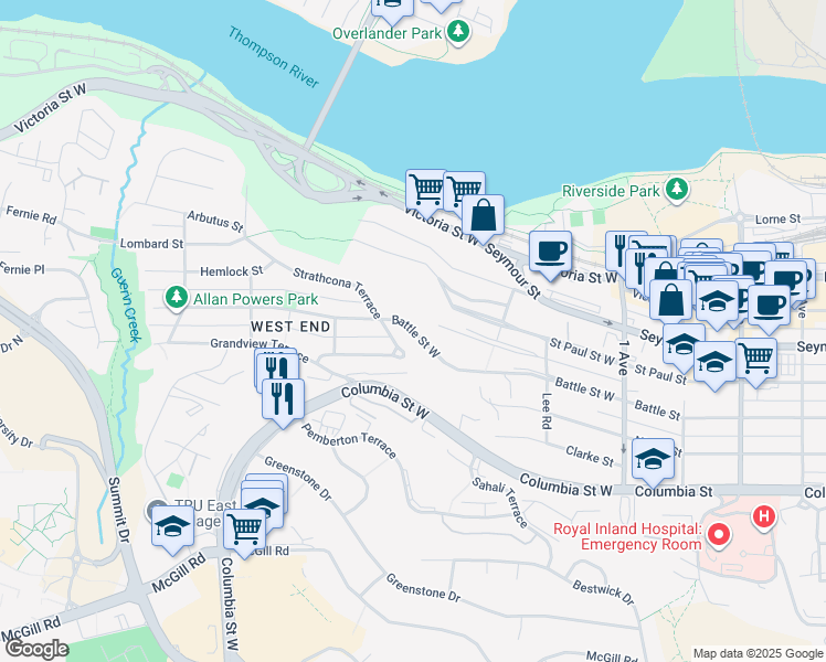 map of restaurants, bars, coffee shops, grocery stores, and more near Battle Street West in Kamloops