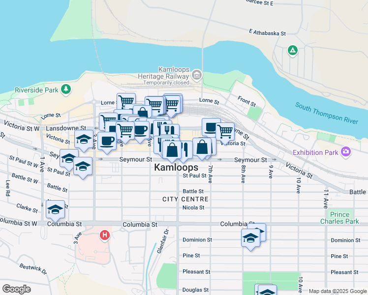 map of restaurants, bars, coffee shops, grocery stores, and more near 612 Victoria Street in Kamloops