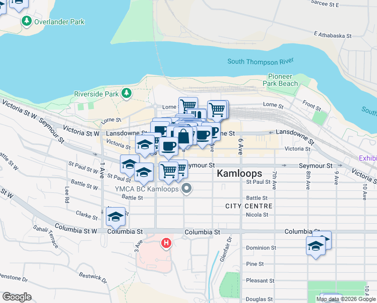 map of restaurants, bars, coffee shops, grocery stores, and more near 405 Victoria Street in Kamloops