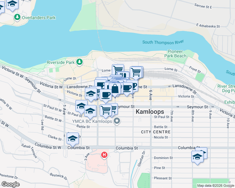 map of restaurants, bars, coffee shops, grocery stores, and more near 405 Victoria Street in Kamloops