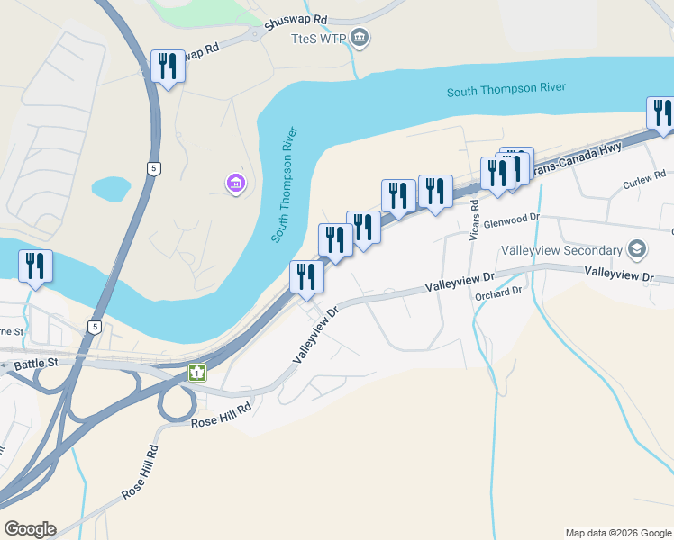 map of restaurants, bars, coffee shops, grocery stores, and more near 1795 Trans-Canada Highway in Kamloops