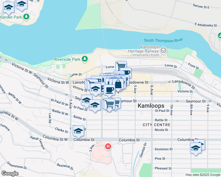 map of restaurants, bars, coffee shops, grocery stores, and more near 340 Victoria Street in Kamloops