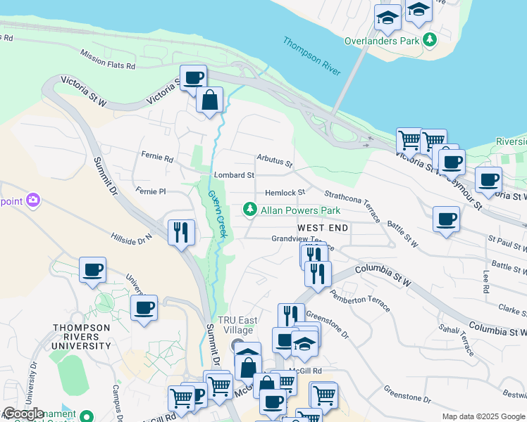 map of restaurants, bars, coffee shops, grocery stores, and more near 684 Battle Street West in Kamloops