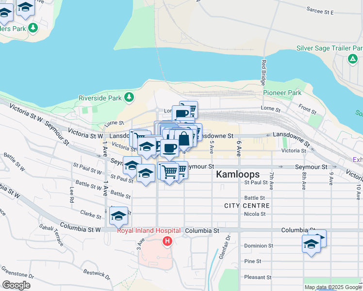 map of restaurants, bars, coffee shops, grocery stores, and more near 340 Victoria Street in Kamloops