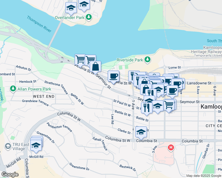 map of restaurants, bars, coffee shops, grocery stores, and more near 74 Seymour Street West in Kamloops