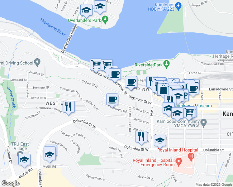map of restaurants, bars, coffee shops, grocery stores, and more near 183 Seymour Street West in Kamloops