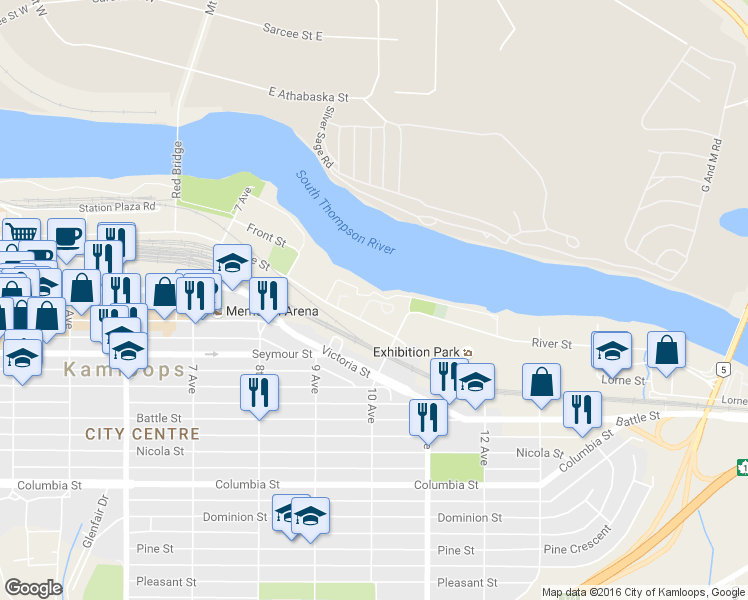 map of restaurants, bars, coffee shops, grocery stores, and more near 950 Lorne Street in Kamloops