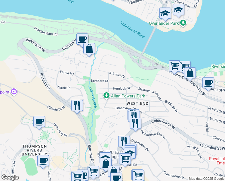 map of restaurants, bars, coffee shops, grocery stores, and more near 684 Battle Street West in Kamloops