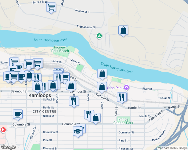 map of restaurants, bars, coffee shops, grocery stores, and more near 900 Lorne Street in Kamloops