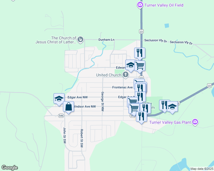 map of restaurants, bars, coffee shops, grocery stores, and more near 222 Frontenac Avenue Northwest in Turner Valley